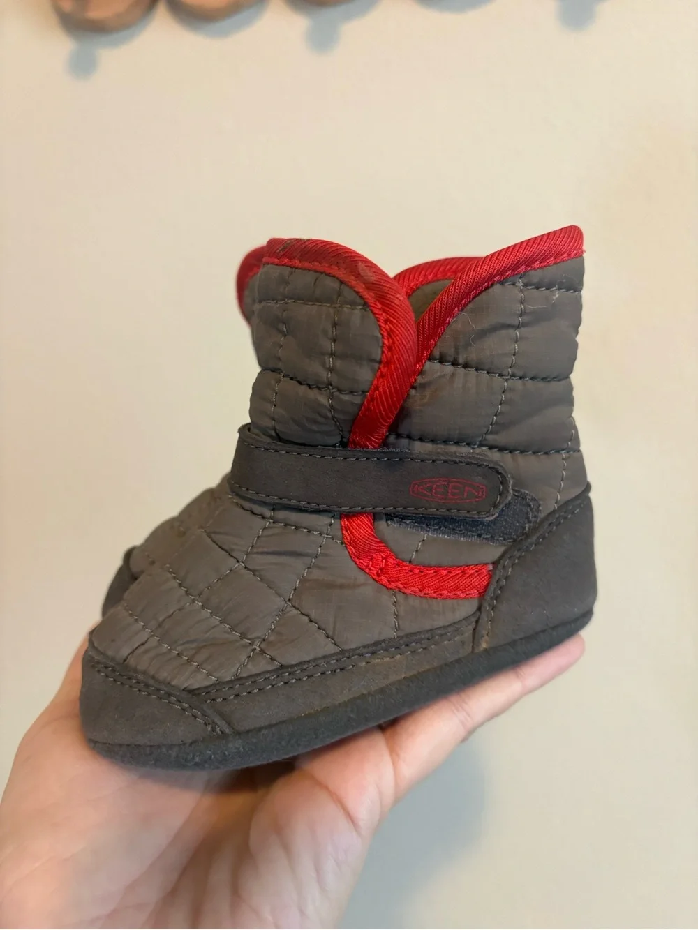 Keen Quilted Gray and Red Baby Booties